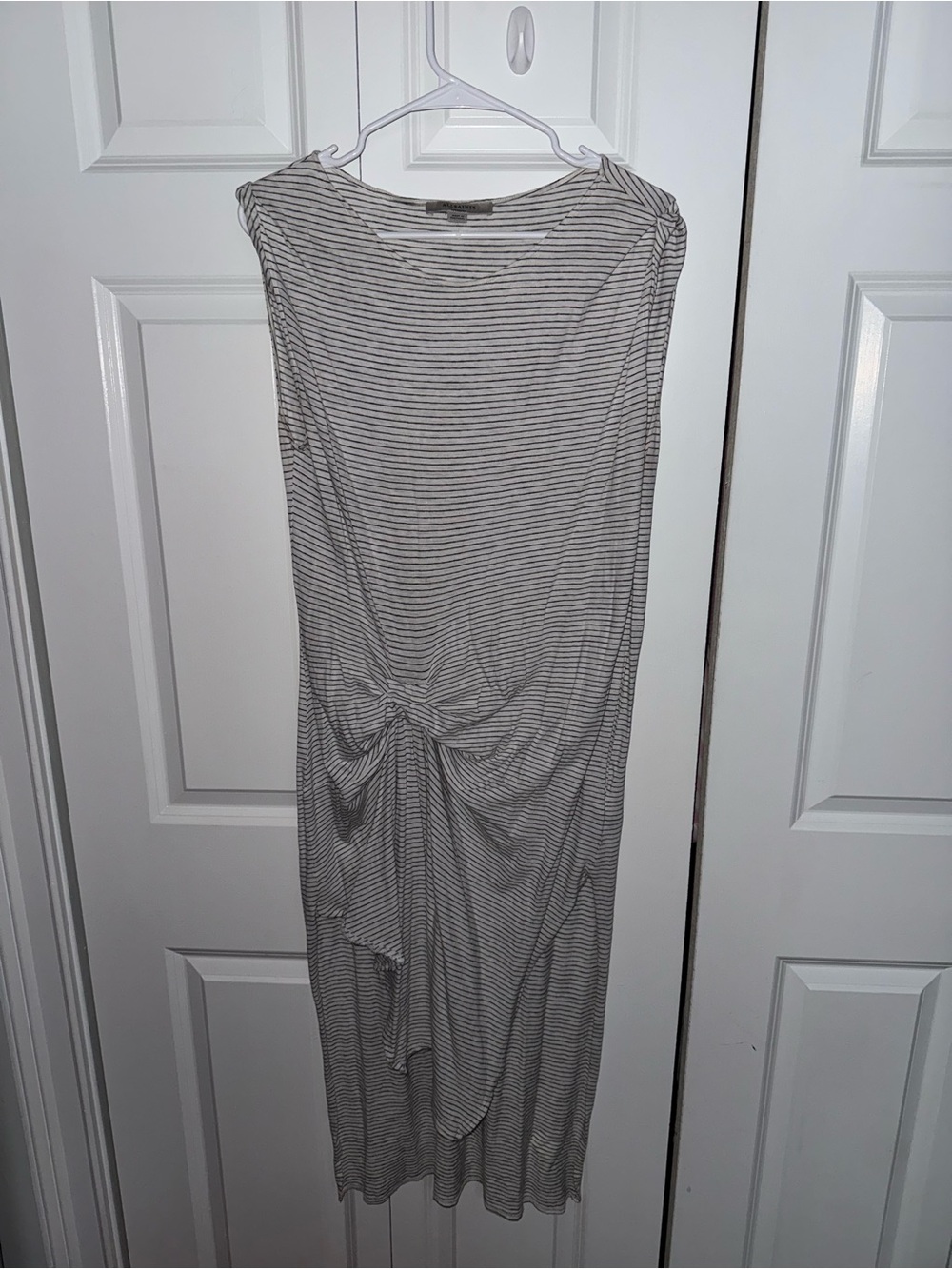 AllSaints Gray and White Striped Midi Dress/Top with Twist Detail